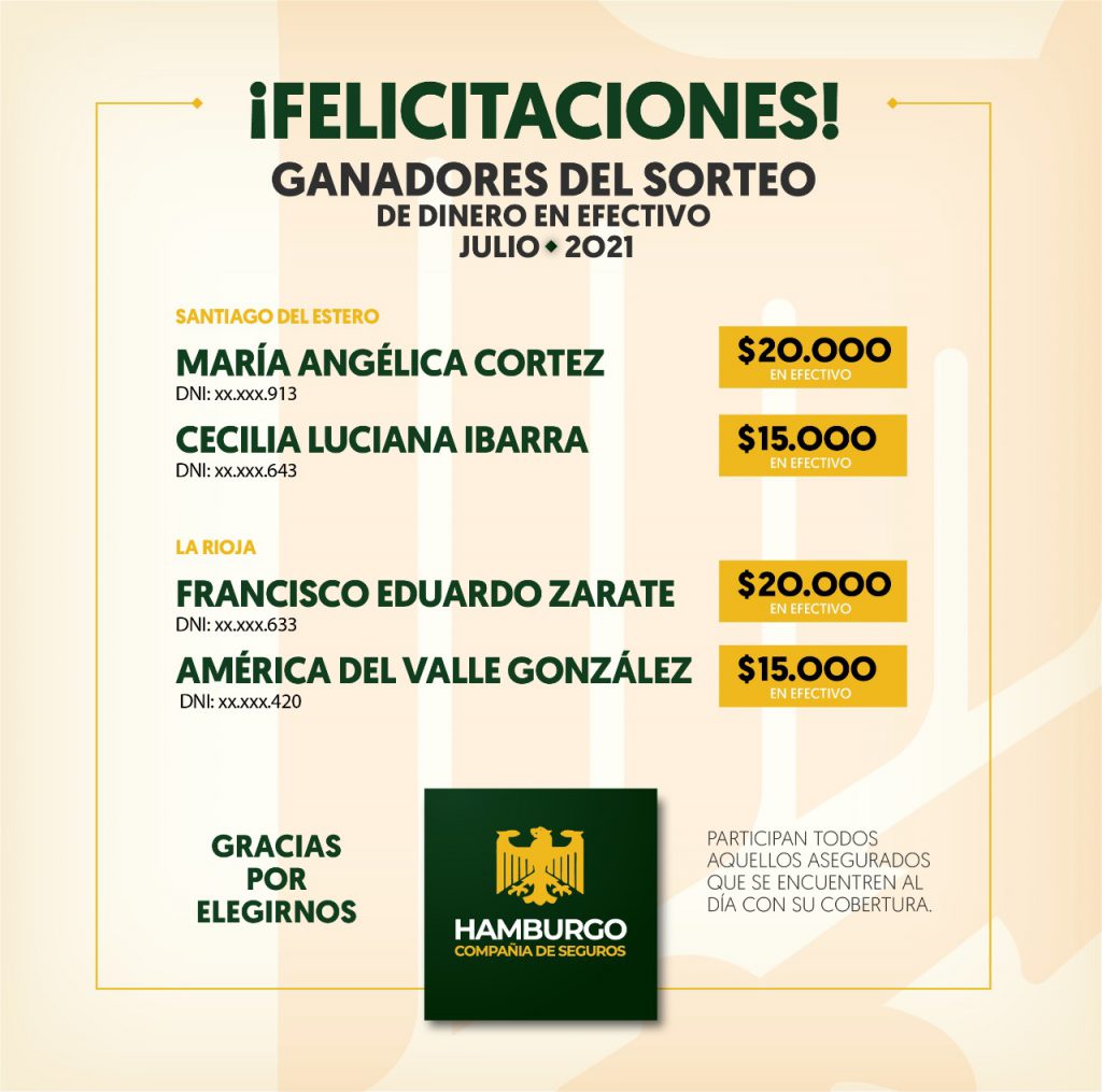 Ganadores del sorteo de dinero en efectivo de Julio 2021