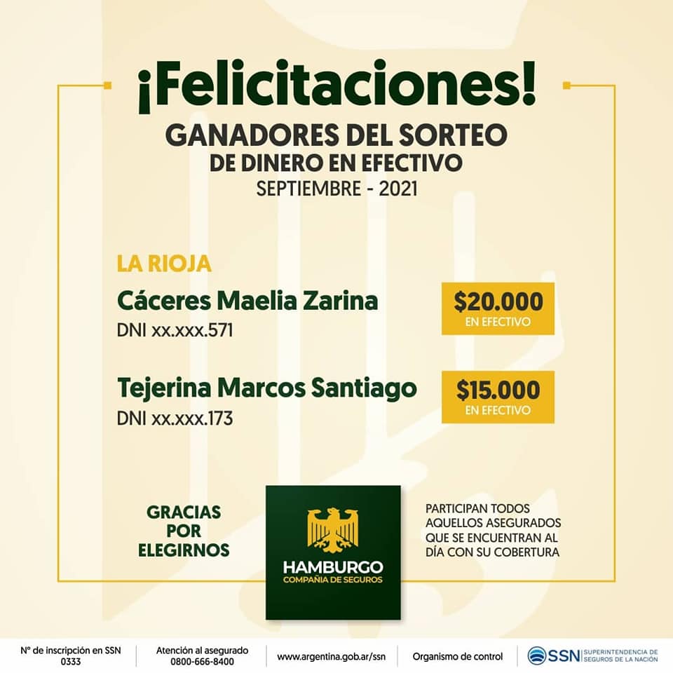 Ganadores del sorteo en efectivo – Septiembre 2021